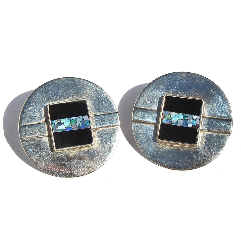 Vintage Great Falls Metal Works Opal & Onyx Inlay Sterling Silver Stud Earrings